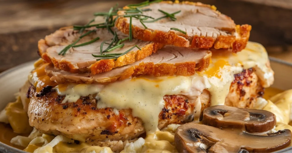 Alice Springs Chicken with grilled chicken breast, melted cheddar and Monterey Jack cheese, crispy turkey slices, and sautéed mushrooms, drizzled with honey mustard sauce.